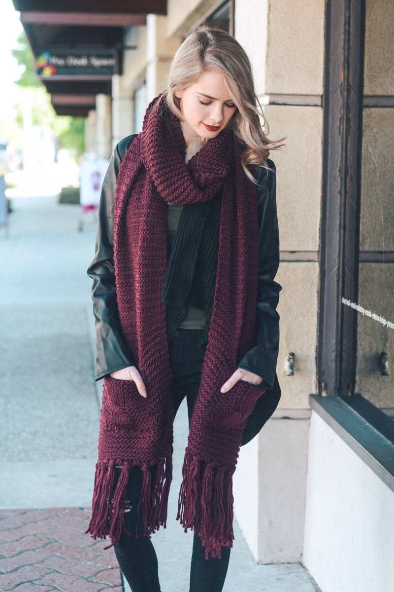 Oversized Two Pocket Tassel Scarf- Gray