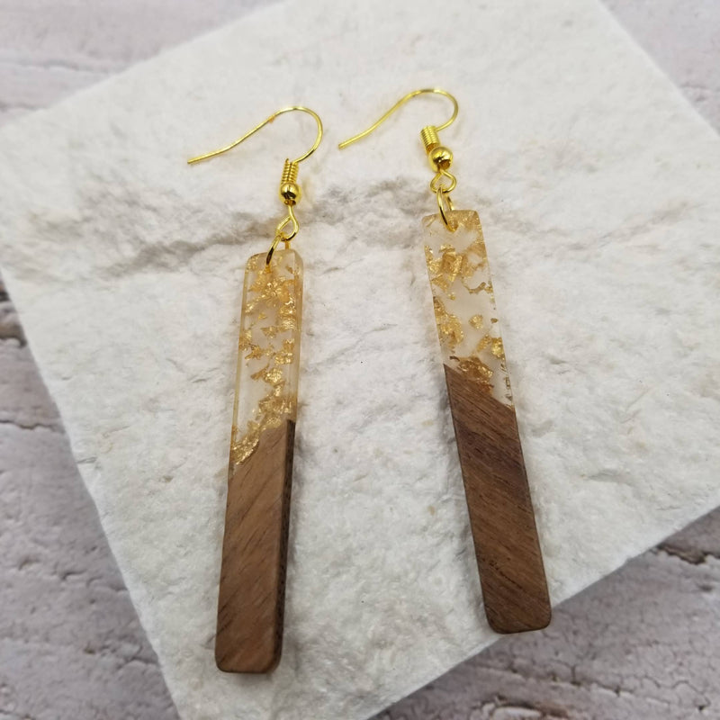 Rustic Gold Flake Resin Wood Bar Earrings