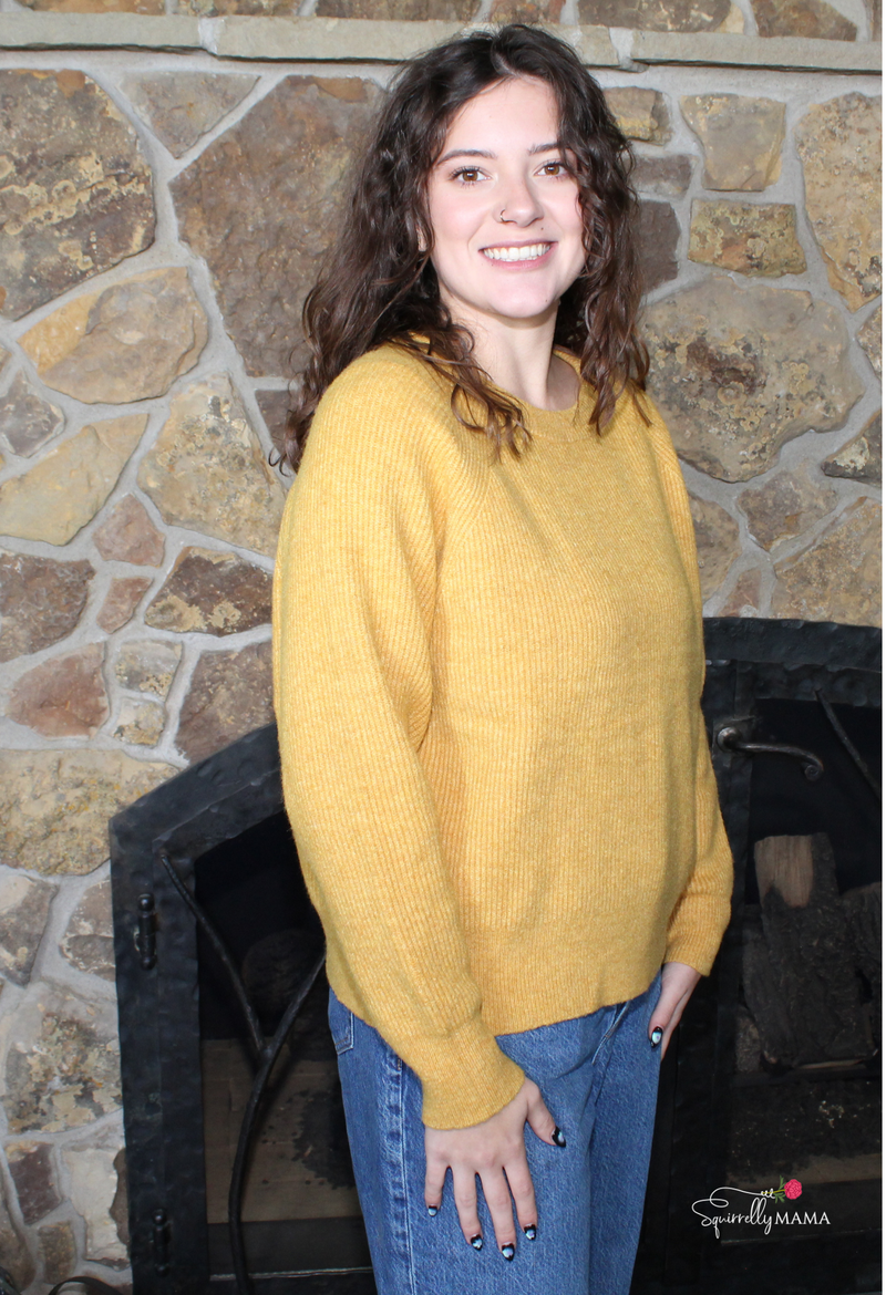 Michelle Ribbed Crewneck Soft Pullover Sweater- Mustard