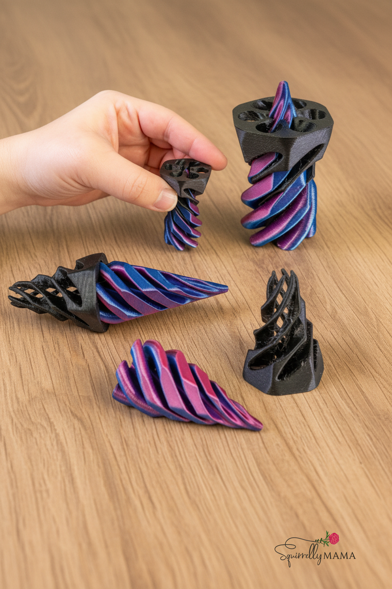 Hand holding a set of black and purple 3D-printed hair clips on a white background