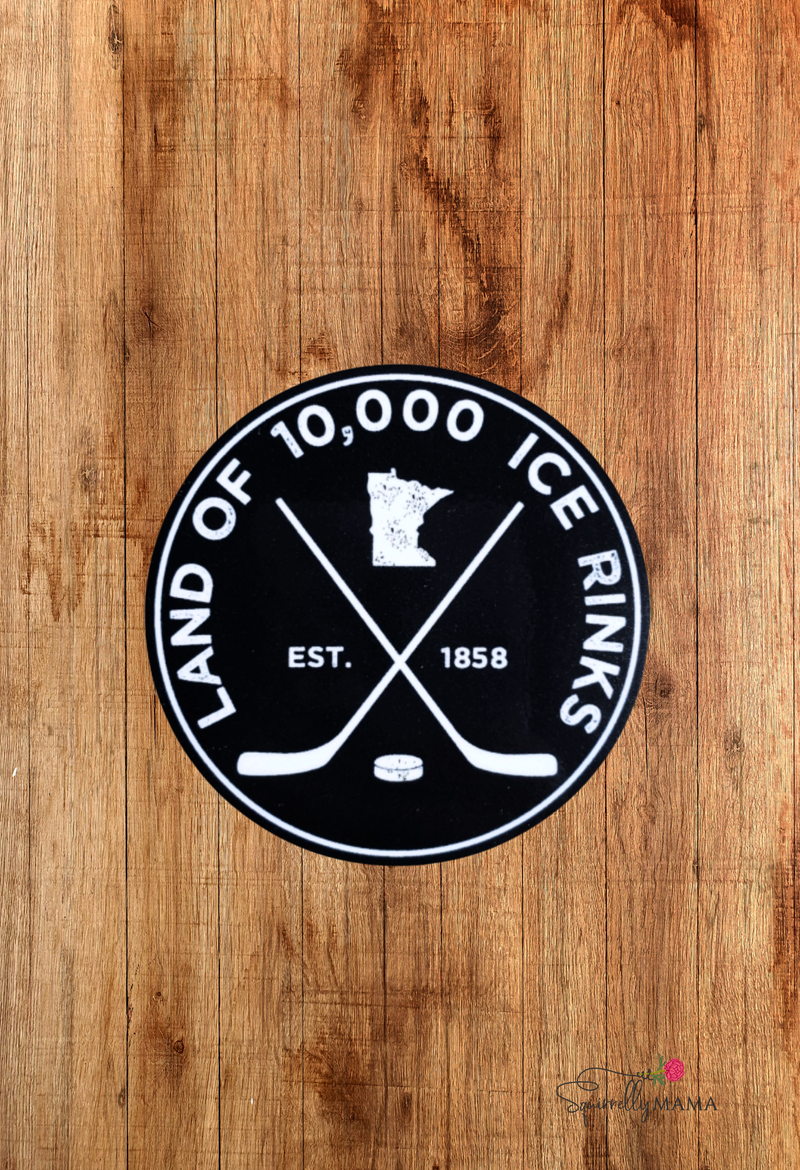 Black and white vinyl sticker of 'Land of 10,000 Ice Rinks' on a wooden background