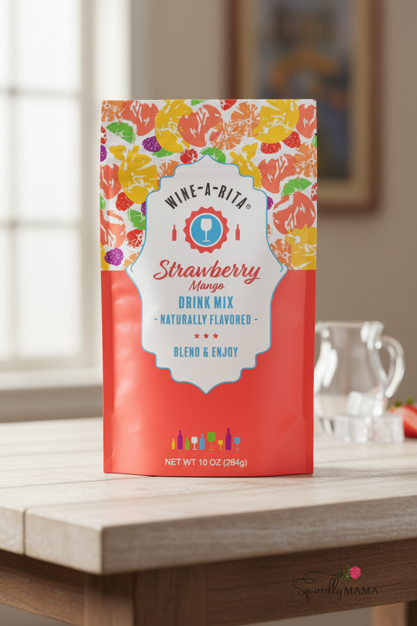 Strawberry Mango wine mix package with colorful design on a white background