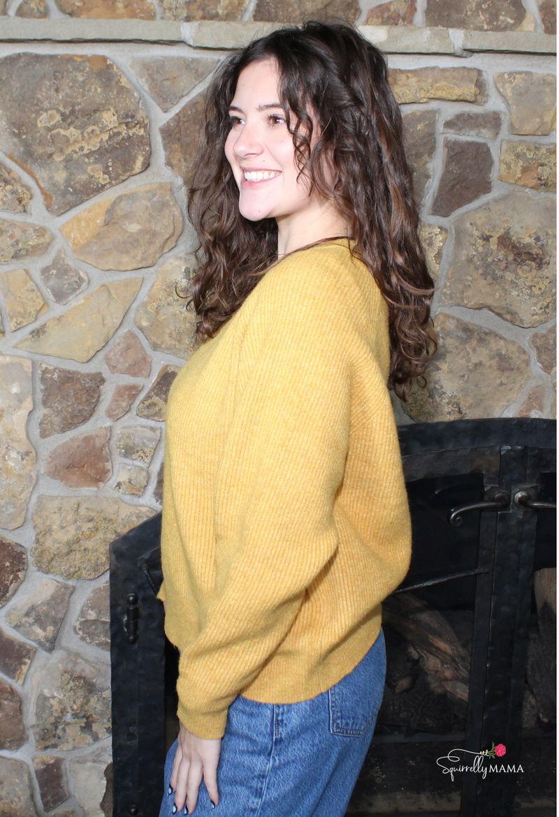 Michelle Ribbed Crewneck Soft Pullover Sweater- Mustard