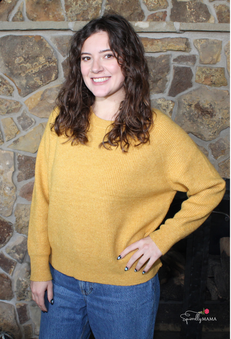 Michelle Ribbed Crewneck Soft Pullover Sweater- Mustard