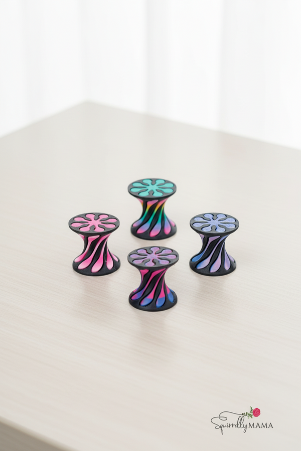 Colorful 3d printed fidget spools on a light surface