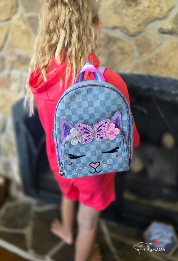 Miss Bella Kitty Cat Denim Checkerboard Mini Backpack