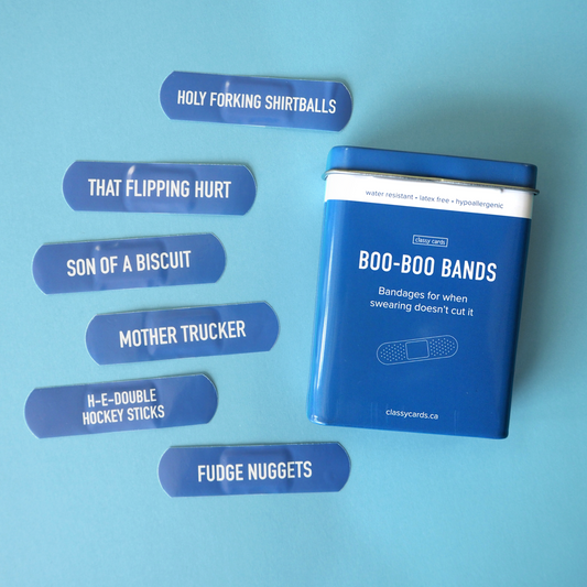 Blue 'Boo-Boo Bands' container with swears on a blue background