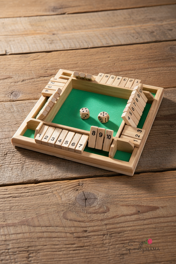 Wooden Shut-The-Box game with dice on a wooden background