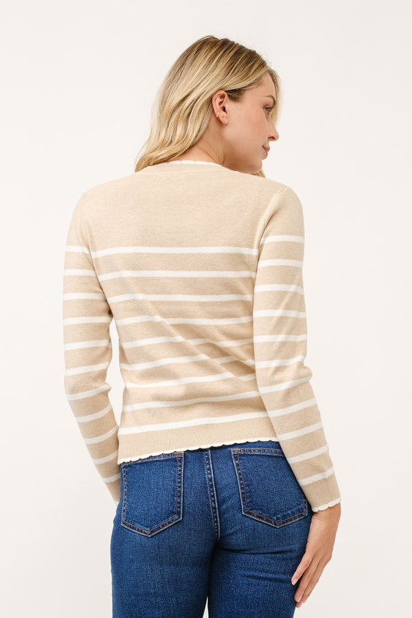Striped Scallop Pull Over-Khaki/Ivory