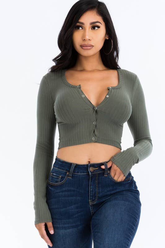 Button Up Ribbed Crop Top: Olive