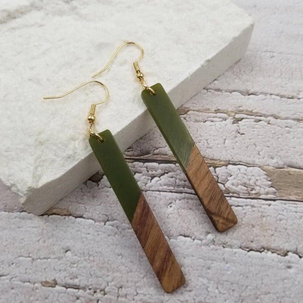 Stick Resin & Wood Drop Earrings - Green