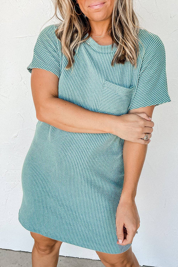 Serena Striped Ribbed Knit T-shirt Shift Dress- Blue