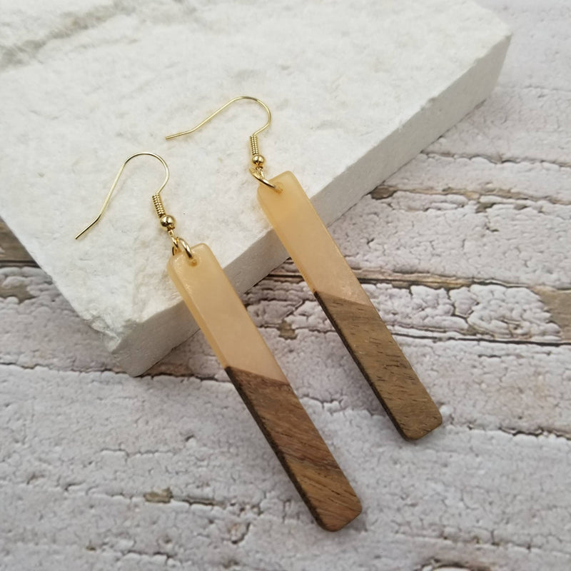 Stick Resin & Wood Drop Earrings - Cream