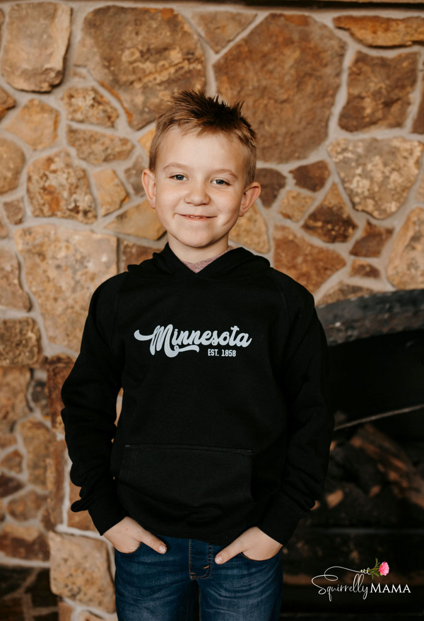 youth black minnesota hoodie with pale blue lettering