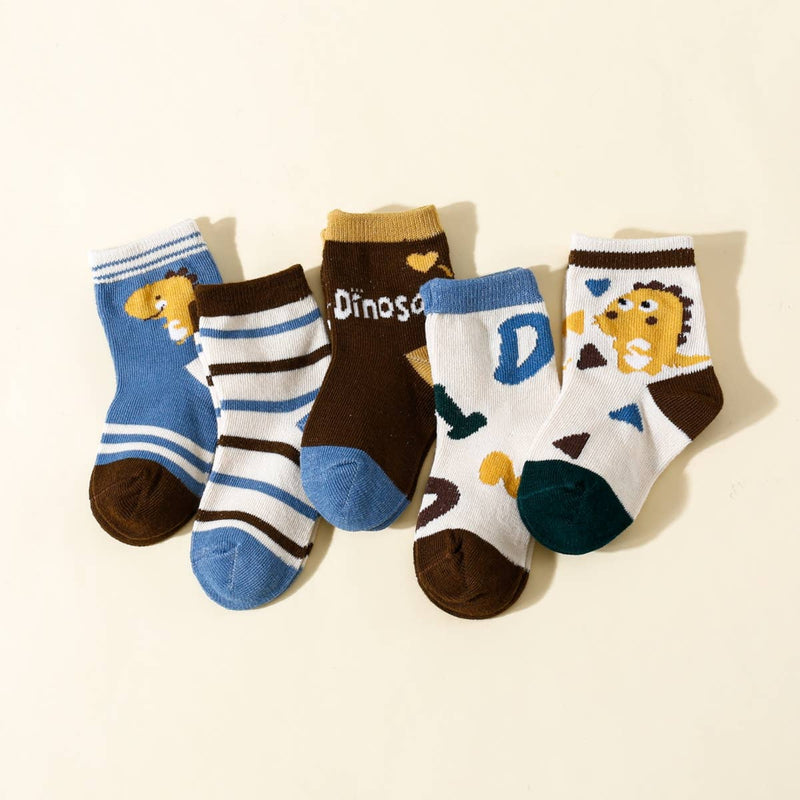 A set of five pairs of mid-calf socks for children, featuring various animal patterns and colors.