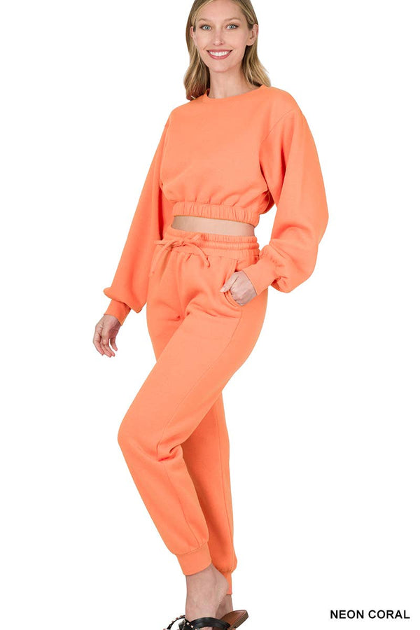 Rita Cropped Pullover And Jogger Pants Set: Neon Coral